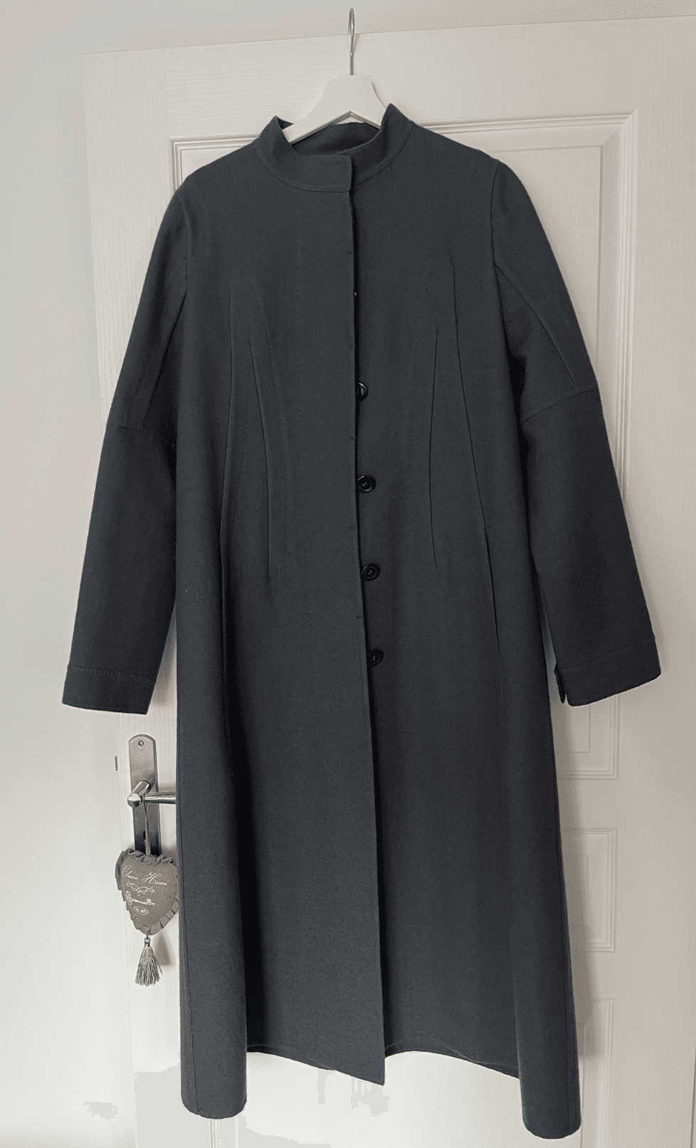 Manteau long gris anthracite col montant femme