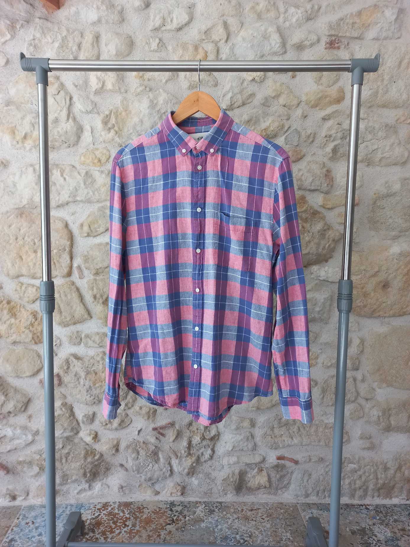 Chemise homme à carreaux et rayés rose bleu taille L — photo 1